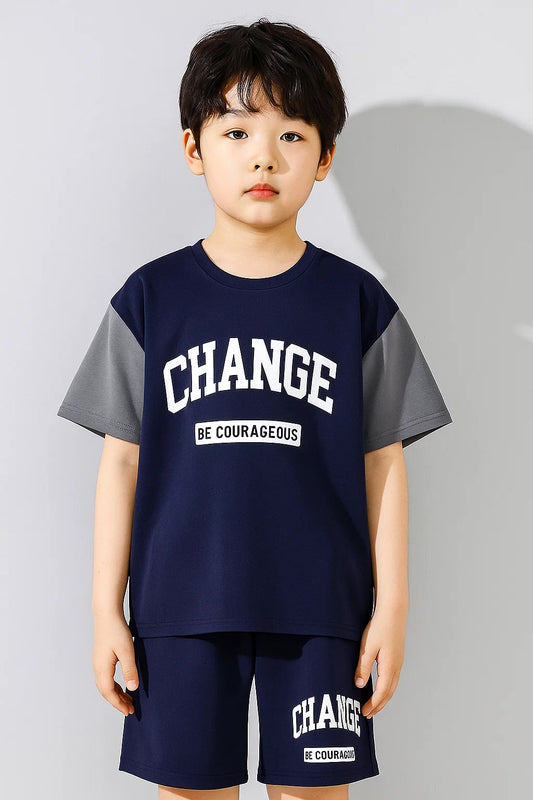 Trendy Boys Clothing Set – Navy Blue & Grey T-Shirt with Matching Shorts | Casual Kids Outfit