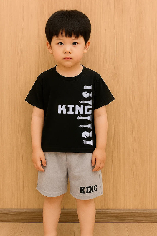 Trendy Kids Clothing Set – Comfortable Black T-Shirt & Grey Shorts for Boys