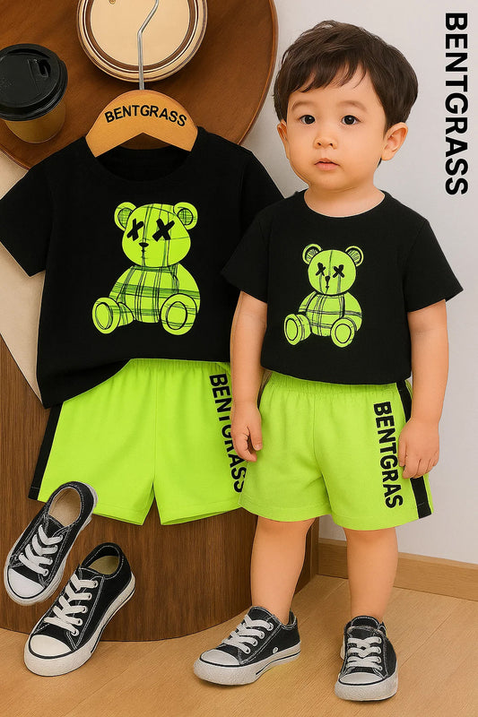 Trendy Kids Clothing Set – Black Teddy Bear T-Shirt & Neon Green Shorts