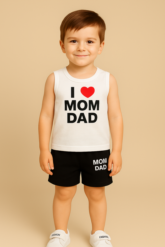 Cute Kids Clothing Set – White “I ❤️ MOM DAD” Sleeveless T-Shirt & Black Shorts