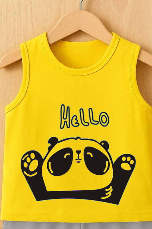 Cute Panda Print Kids Summer Clothing Set – Yellow Sleeveless T-Shirt & Grey Shorts