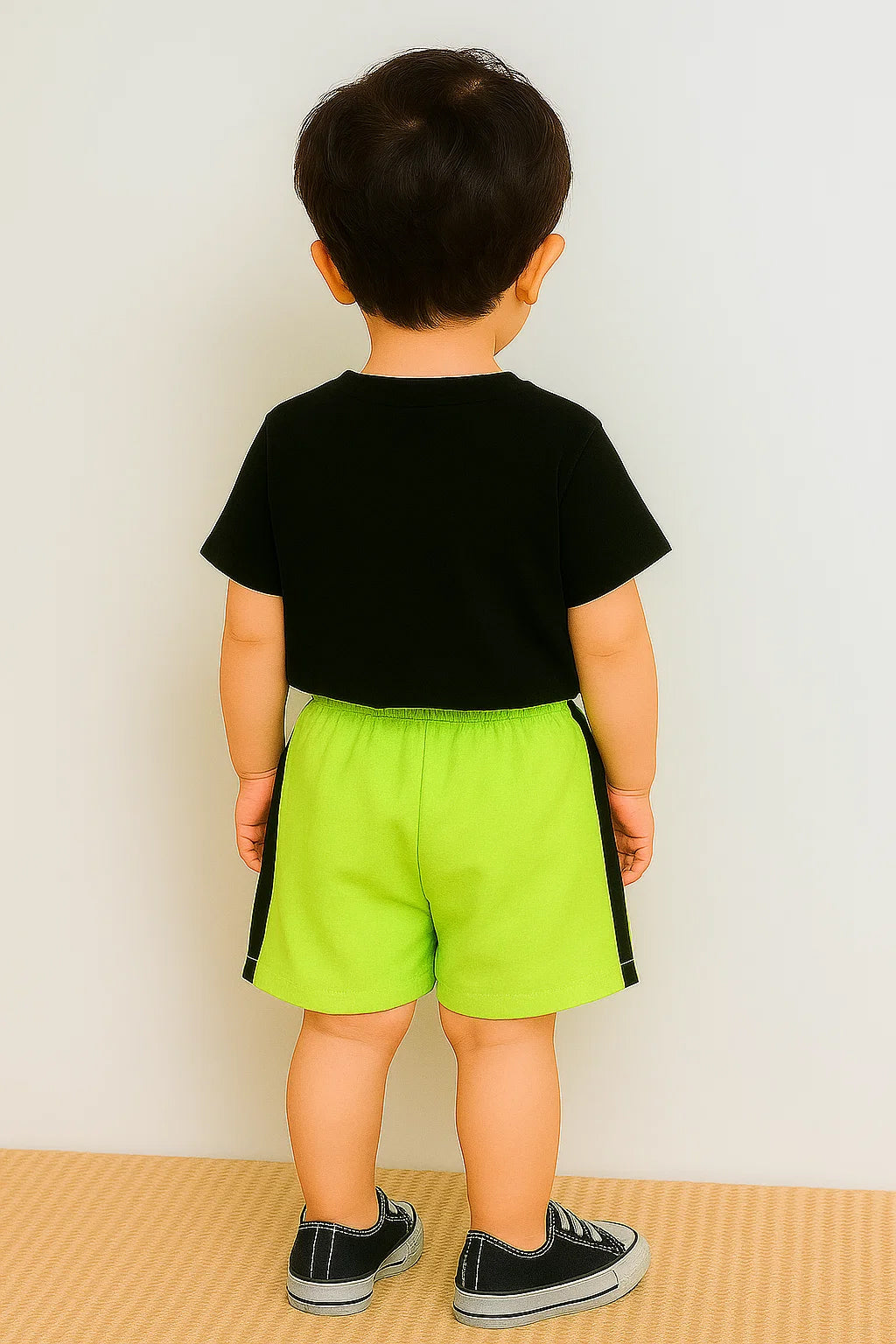 Trendy Kids Clothing Set – Black Teddy Bear T-Shirt & Neon Green Shorts