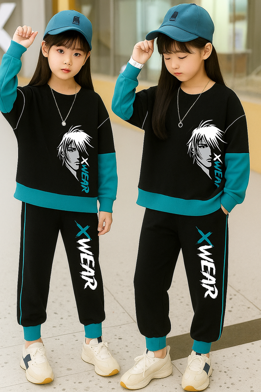 Trendy Kids Clothing Set – Black & Teal X-WEAR Sweatshirt and Joggers with Anime Print