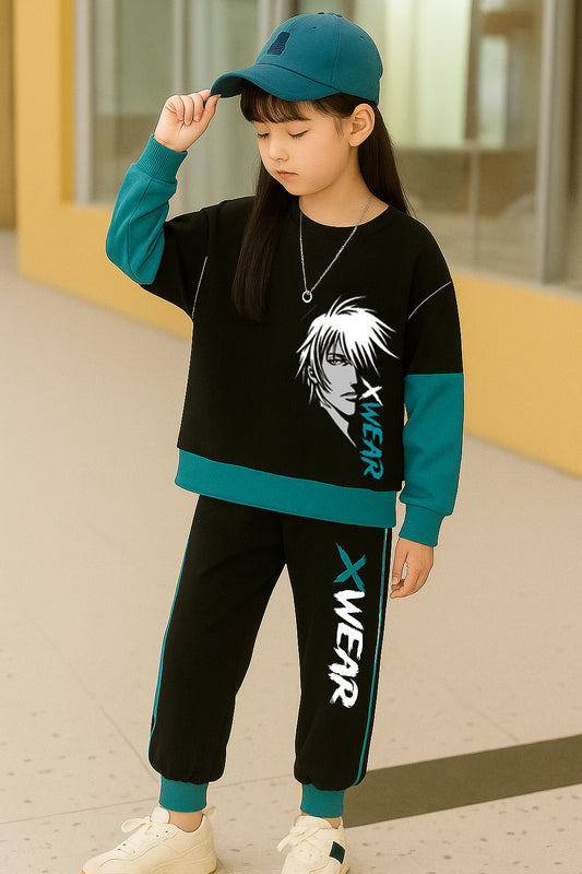 Trendy Kids Clothing Set – Black & Teal X-WEAR Sweatshirt and Joggers with Anime Print