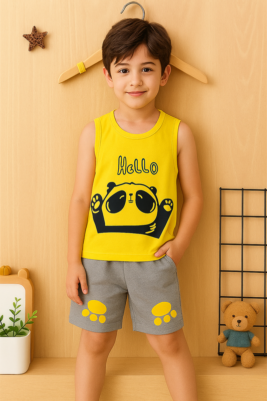 Cute Panda Print Kids Summer Clothing Set – Yellow Sleeveless T-Shirt & Grey Shorts