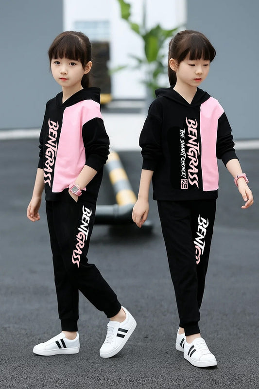 Stylish Girls Hoodie & Jogger Set Black & Pink