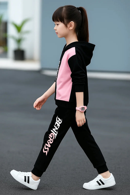 Stylish Girls Hoodie & Jogger Set Black & Pink