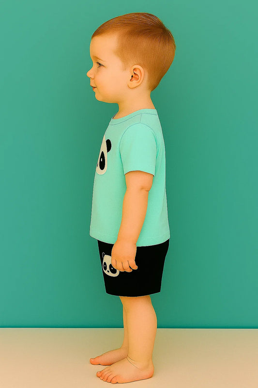 Cute Panda Print Kids Clothing Set – Aqua Blue T-Shirt & Black Shorts for Boys