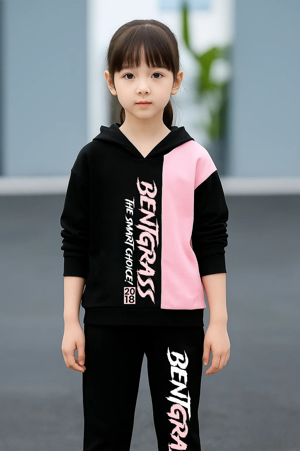Stylish Girls Hoodie & Jogger Set Black & Pink