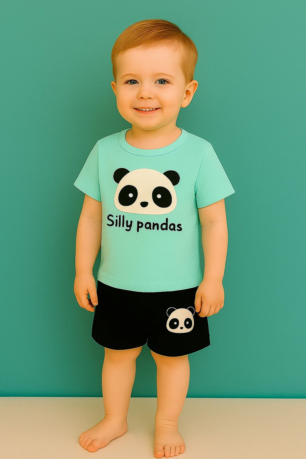 Cute Panda Print Kids Clothing Set – Aqua Blue T-Shirt & Black Shorts for Boys