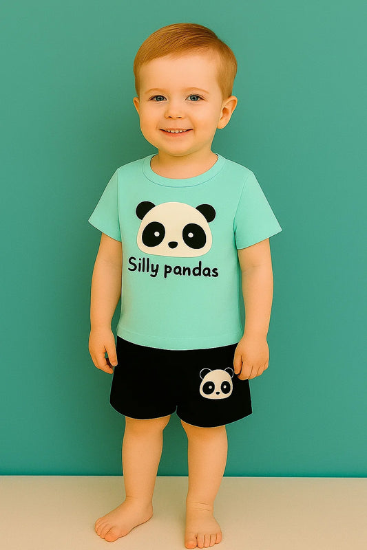Cute Panda Print Kids Clothing Set – Aqua Blue T-Shirt & Black Shorts for Boys