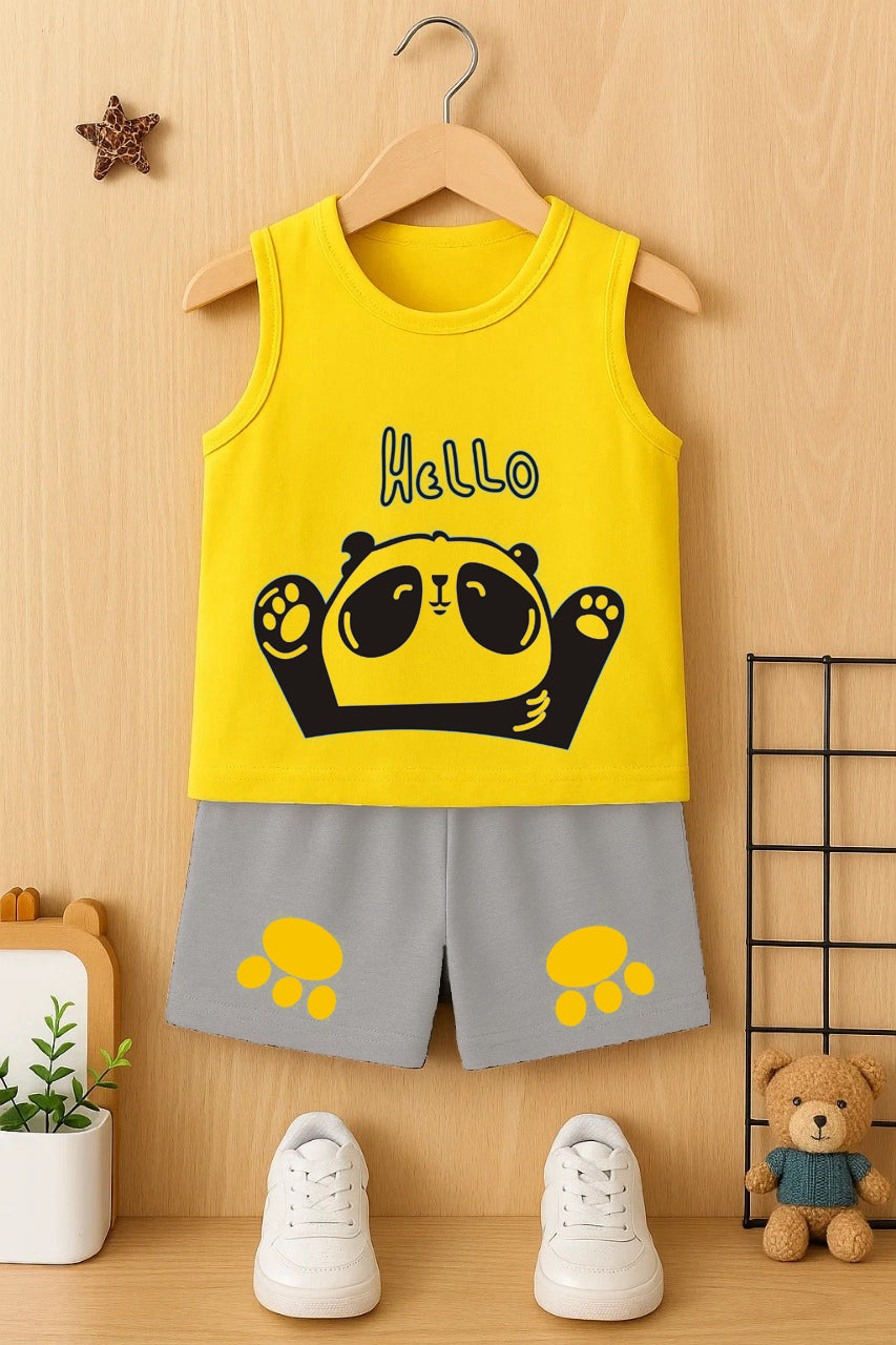 Cute Panda Print Kids Summer Clothing Set – Yellow Sleeveless T-Shirt & Grey Shorts