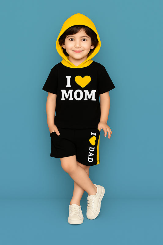 Stylish Kids Clothing Set | I Love Mom & Dad Printed Hoodie T-Shirt with Shorts