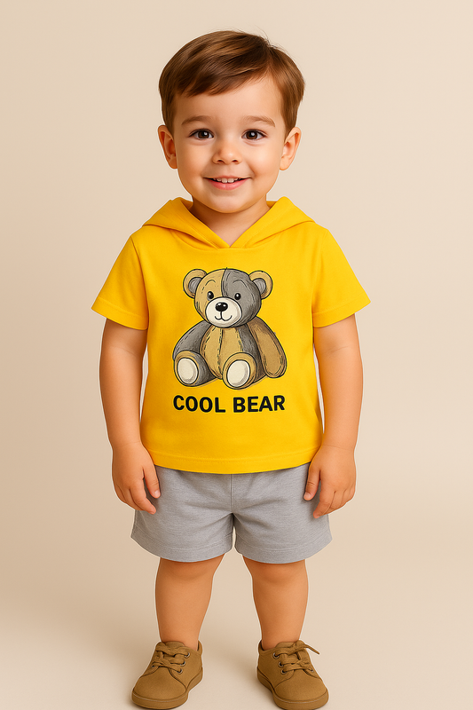 Cool Bear Kids Clothing Set – Yellow Hoodie T-Shirt & Grey Shorts for Toddlers