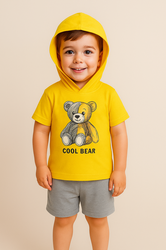 Cool Bear Kids Clothing Set – Yellow Hoodie T-Shirt & Grey Shorts for Toddlers