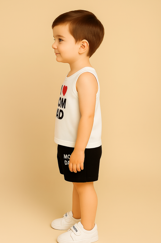 Cute Kids Clothing Set – White “I ❤️ MOM DAD” Sleeveless T-Shirt & Black Shorts