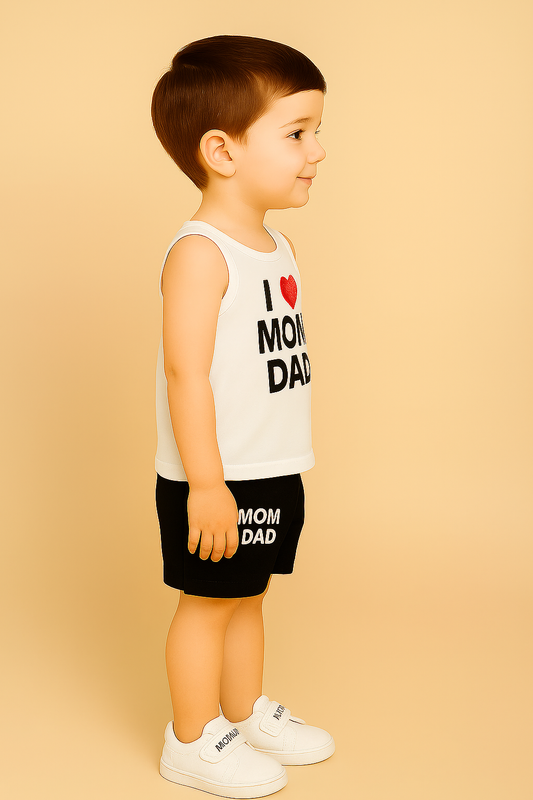 Cute Kids Clothing Set – White “I ❤️ MOM DAD” Sleeveless T-Shirt & Black Shorts