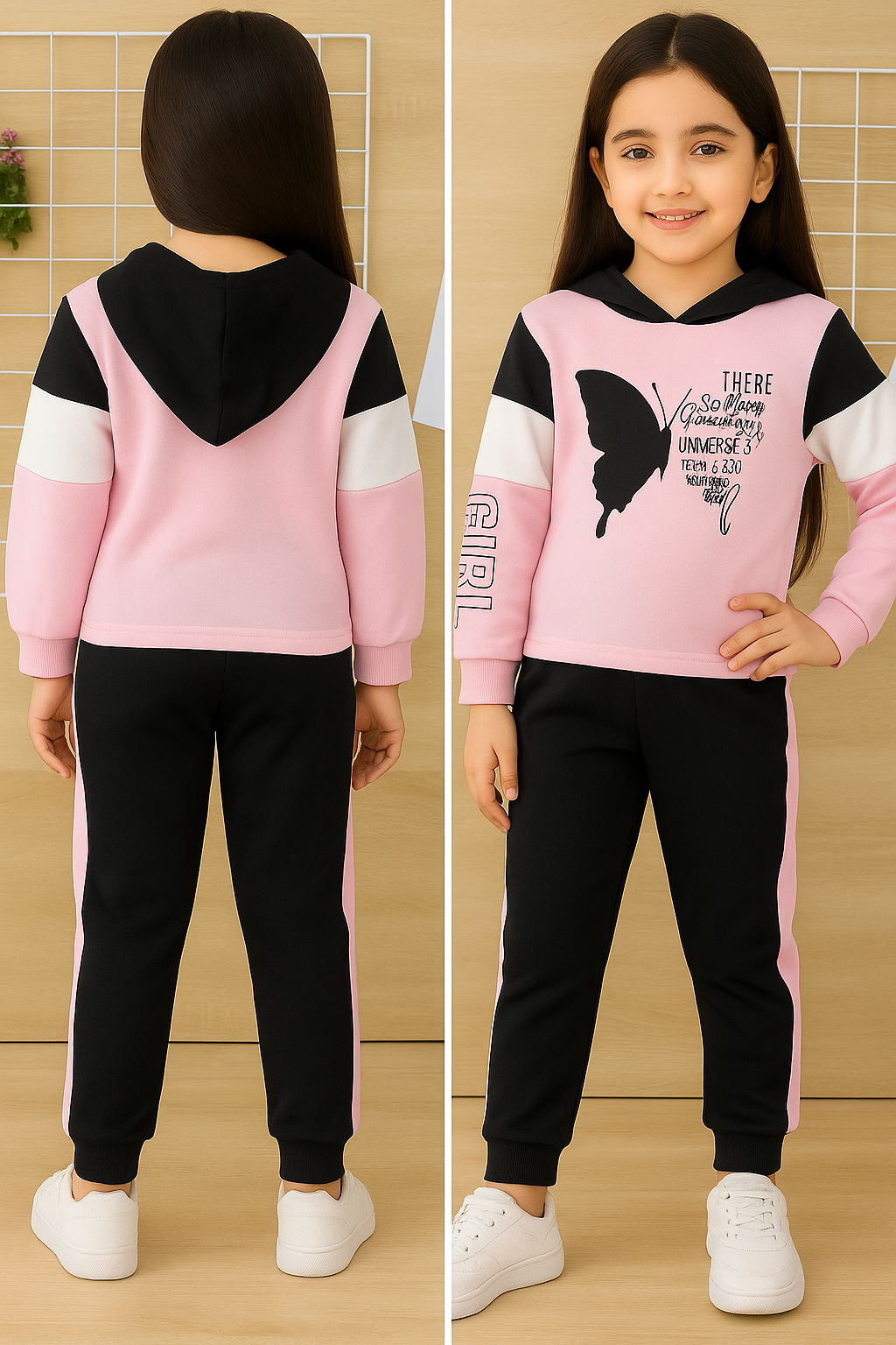 Trendy Girls Hoodie & Joggers Set – Pink & Black Butterfly Print Kids Clothing Set