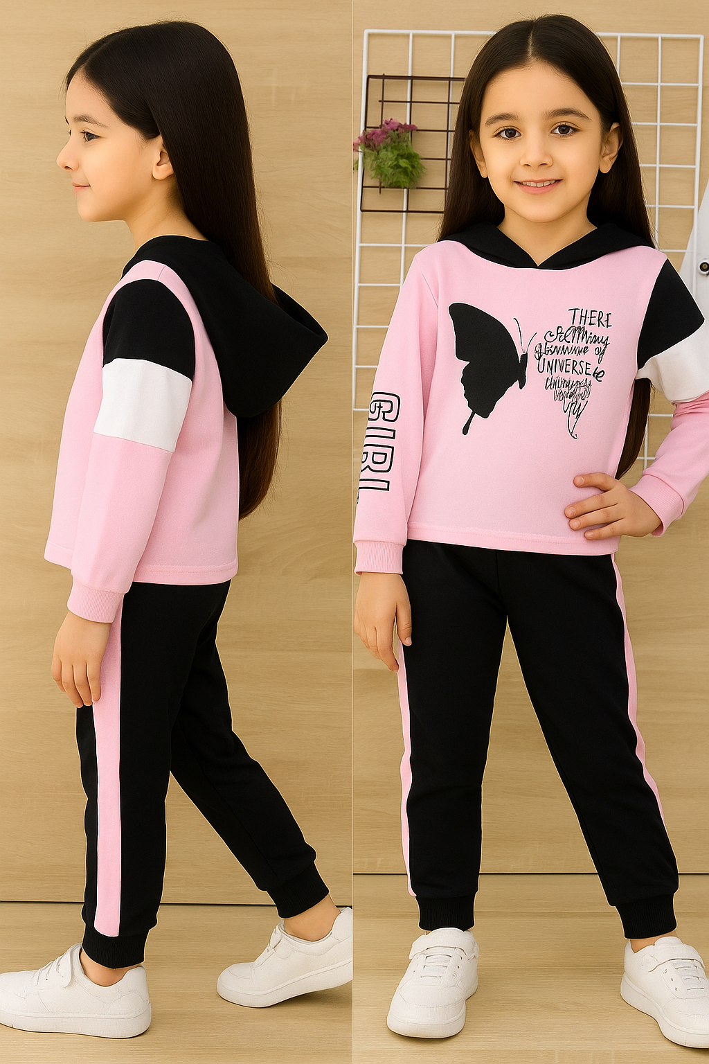 Trendy Girls Hoodie & Joggers Set – Pink & Black Butterfly Print Kids Clothing Set