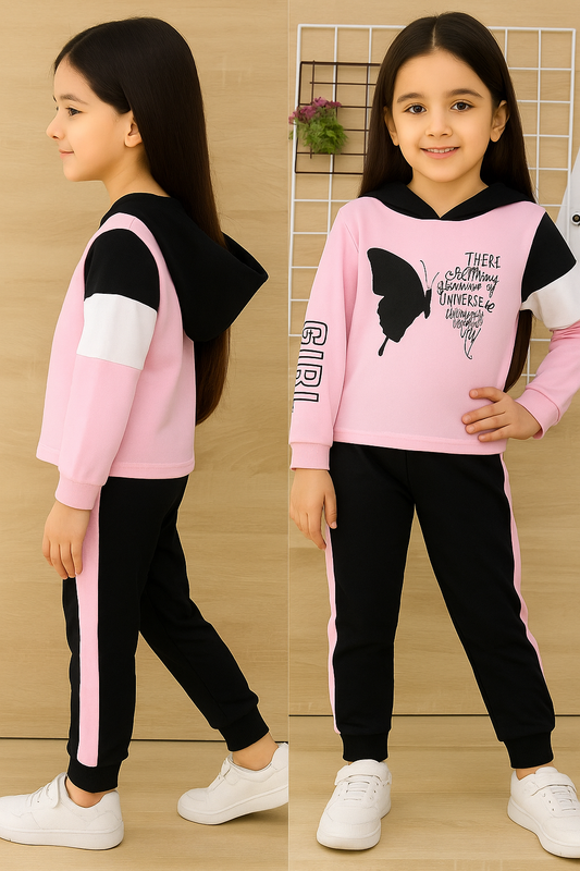 Trendy Girls Hoodie & Joggers Set – Pink & Black Butterfly Print Kids Clothing Set