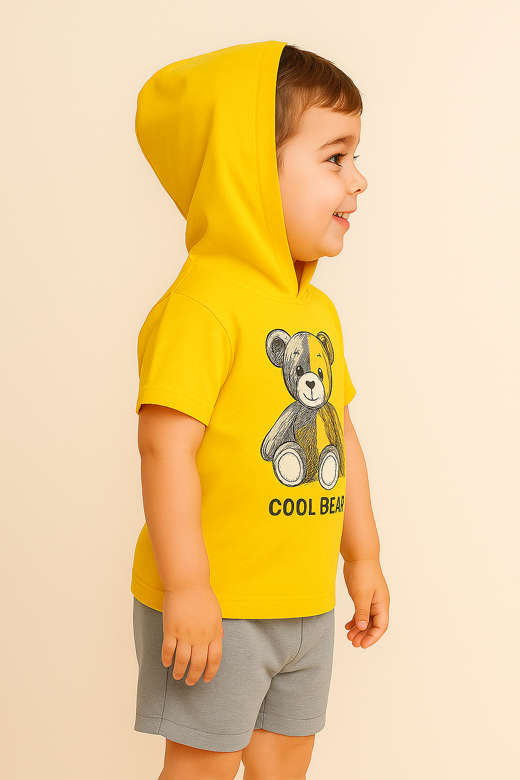 Cool Bear Kids Clothing Set – Yellow Hoodie T-Shirt & Grey Shorts for Toddlers