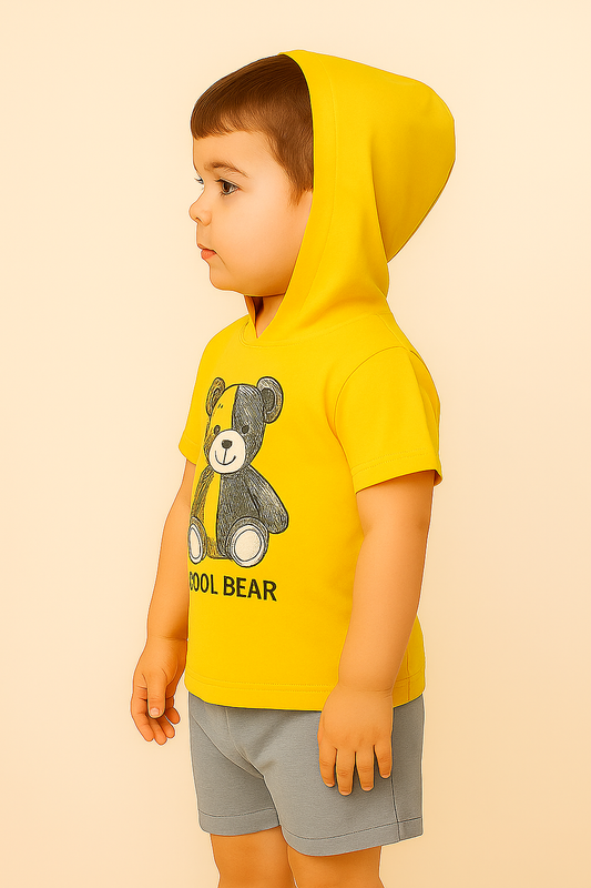Cool Bear Kids Clothing Set – Yellow Hoodie T-Shirt & Grey Shorts for Toddlers
