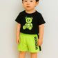 Trendy Kids Clothing Set – Black Teddy Bear T-Shirt & Neon Green Shorts