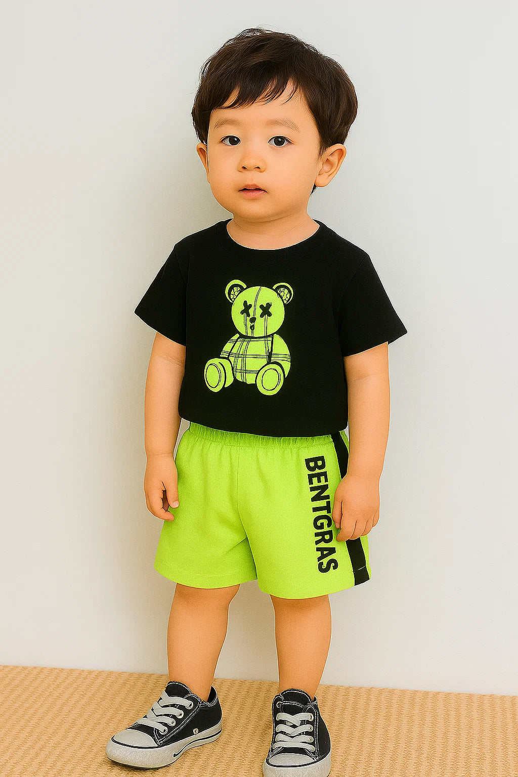 Trendy Kids Clothing Set – Black Teddy Bear T-Shirt & Neon Green Shorts