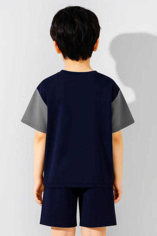 Trendy Boys Clothing Set – Navy Blue & Grey T-Shirt with Matching Shorts | Casual Kids Outfit
