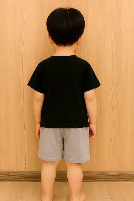 Trendy Kids Clothing Set – Comfortable Black T-Shirt & Grey Shorts for Boys
