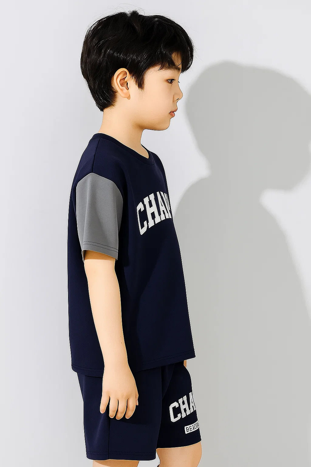 Trendy Boys Clothing Set – Navy Blue & Grey T-Shirt with Matching Shorts | Casual Kids Outfit