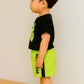 Trendy Kids Clothing Set – Black Teddy Bear T-Shirt & Neon Green Shorts