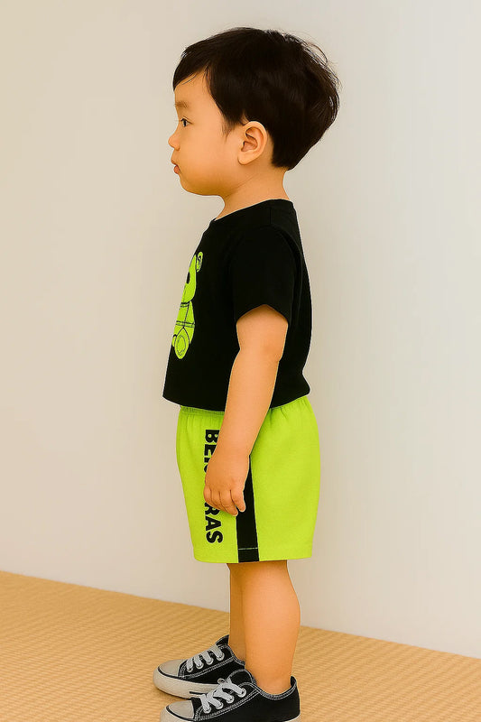 Trendy Kids Clothing Set – Black Teddy Bear T-Shirt & Neon Green Shorts