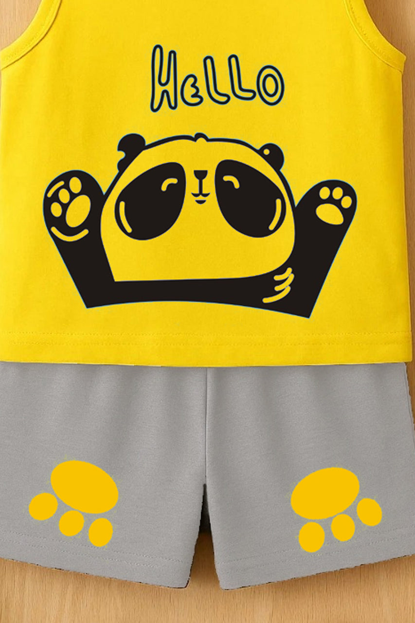 Cute Panda Print Kids Summer Clothing Set – Yellow Sleeveless T-Shirt & Grey Shorts