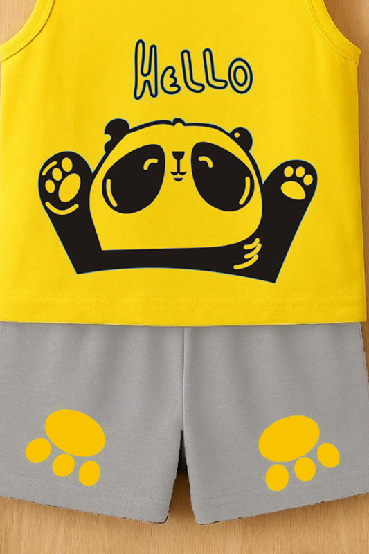Cute Panda Print Kids Summer Clothing Set – Yellow Sleeveless T-Shirt & Grey Shorts