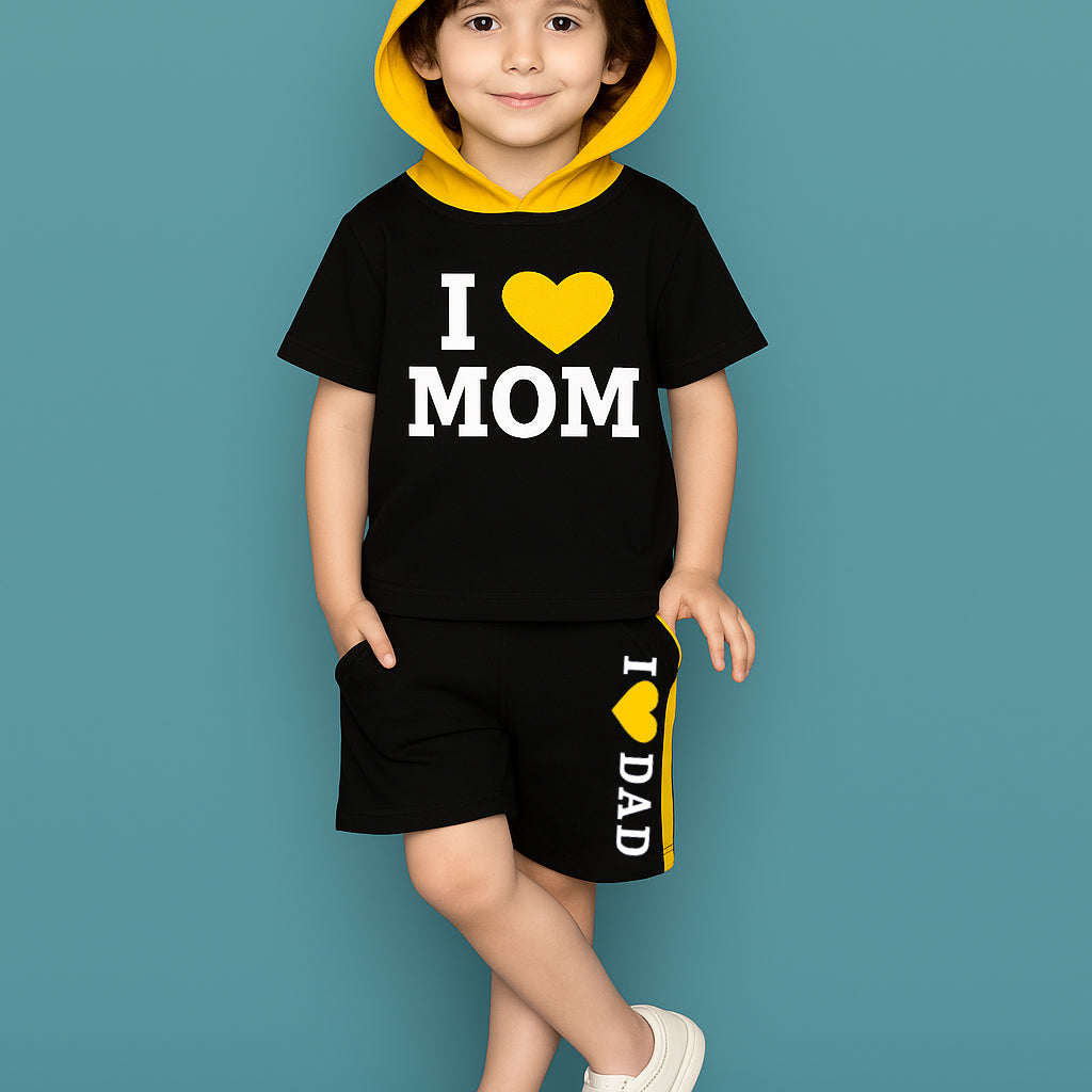 Stylish Kids Clothing Set | I Love Mom & Dad Printed Hoodie T-Shirt with Shorts