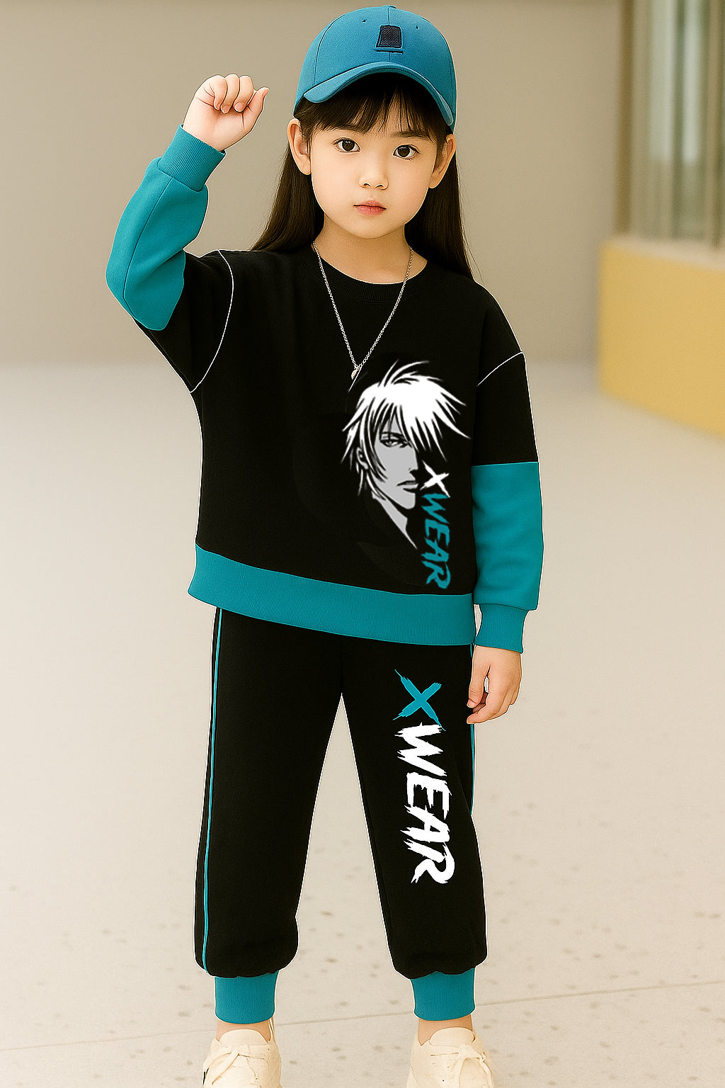 Trendy Kids Clothing Set – Black & Teal X-WEAR Sweatshirt and Joggers with Anime Print