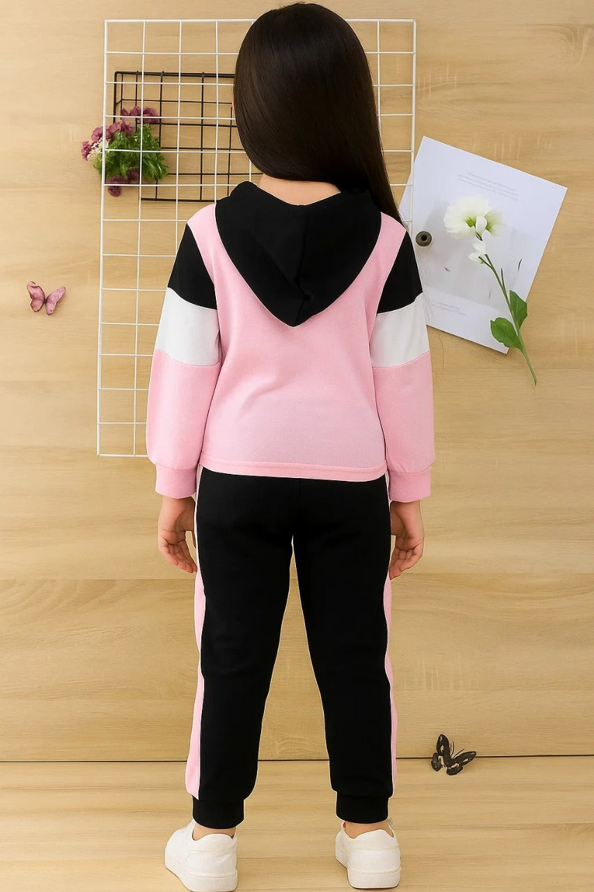 Trendy Girls Hoodie & Joggers Set – Pink & Black Butterfly Print Kids Clothing Set
