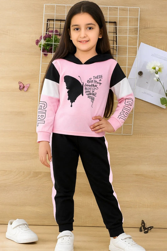Trendy Girls Hoodie & Joggers Set – Pink & Black Butterfly Print Kids Clothing Set