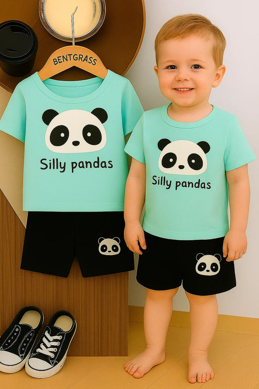 Cute Panda Print Kids Clothing Set – Aqua Blue T-Shirt & Black Shorts for Boys