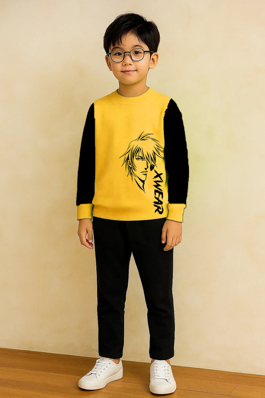 Trendy Kids Clothing Set for Boys | Yellow XWEAR Printed Sweatshirt with Black Pants